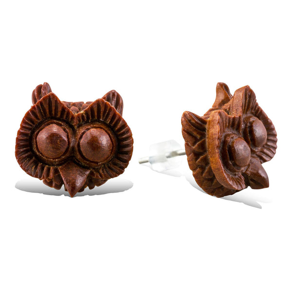 Big Eyed Owl - Wood Stud Earrings